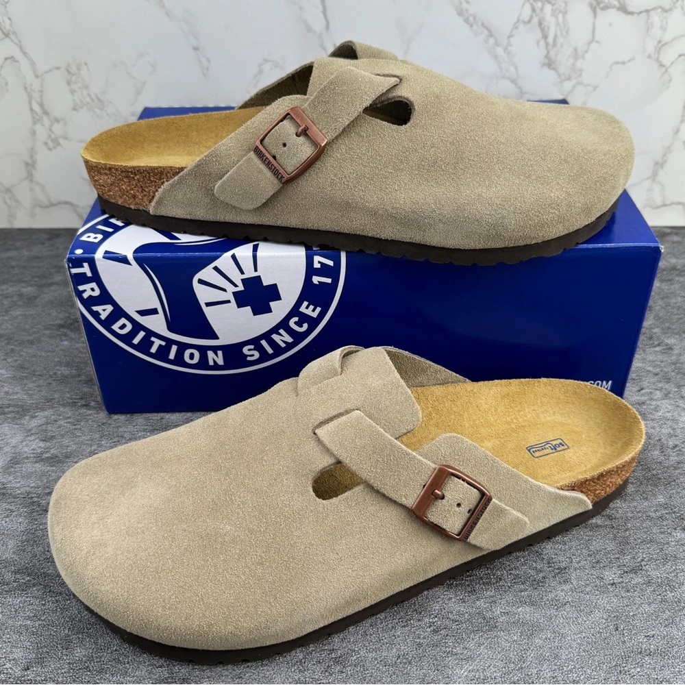 Birkenstock Boston Soft Footbed Taupe Suede Leather slippers unisex/EU